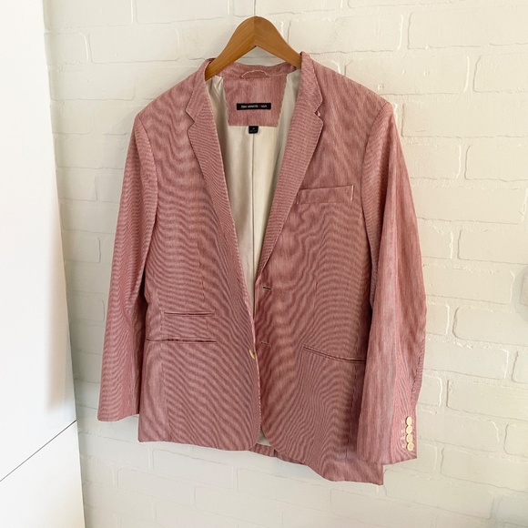 John Varvatos Men’s Blazer Pinstripe Cream Red Linen Cotton Designer Luxe Sz 38 - Picture 4 of 15